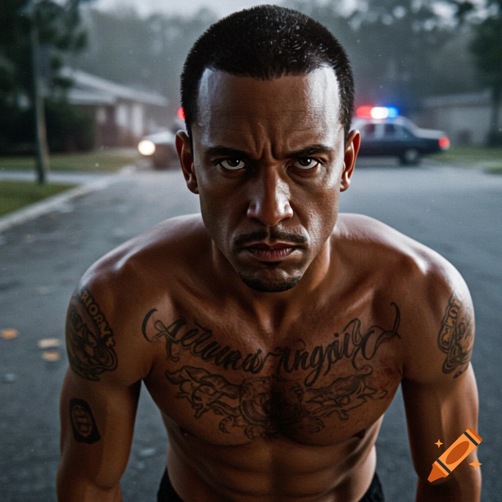 An intense, muscular man with a shaved head and numerous tattoos stares directly forward on a street with a blurred police car in the background, in a photorealistic style.