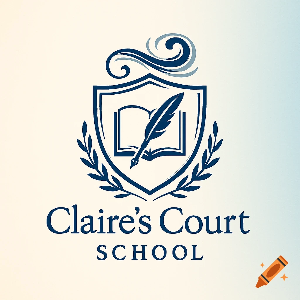 Blue and white logo for Claire's Court School, featuring a shield with an open book and a quill, framed by olive branches, with the school name below.