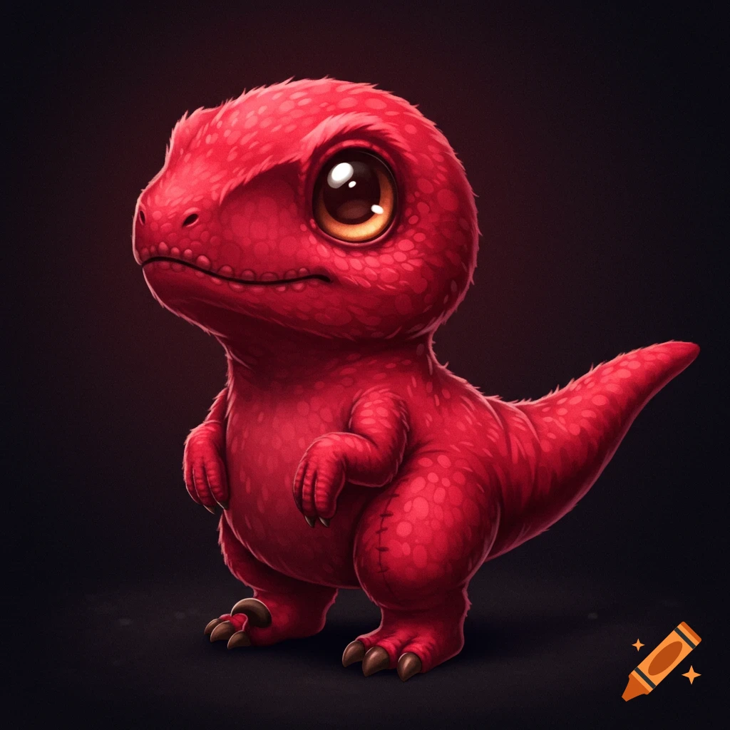 A red chibi-style cartoon raptor dinosaur plush toy with large eyes on a dark background.
