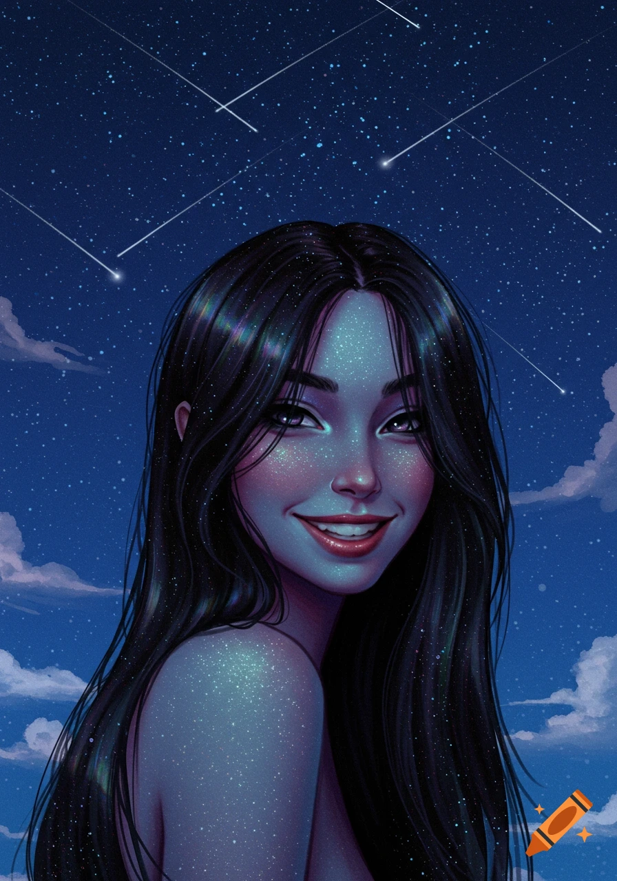 A smiling woman with dark, star-dusted hair and skin against a dark blue night sky with many stars and shooting stars.