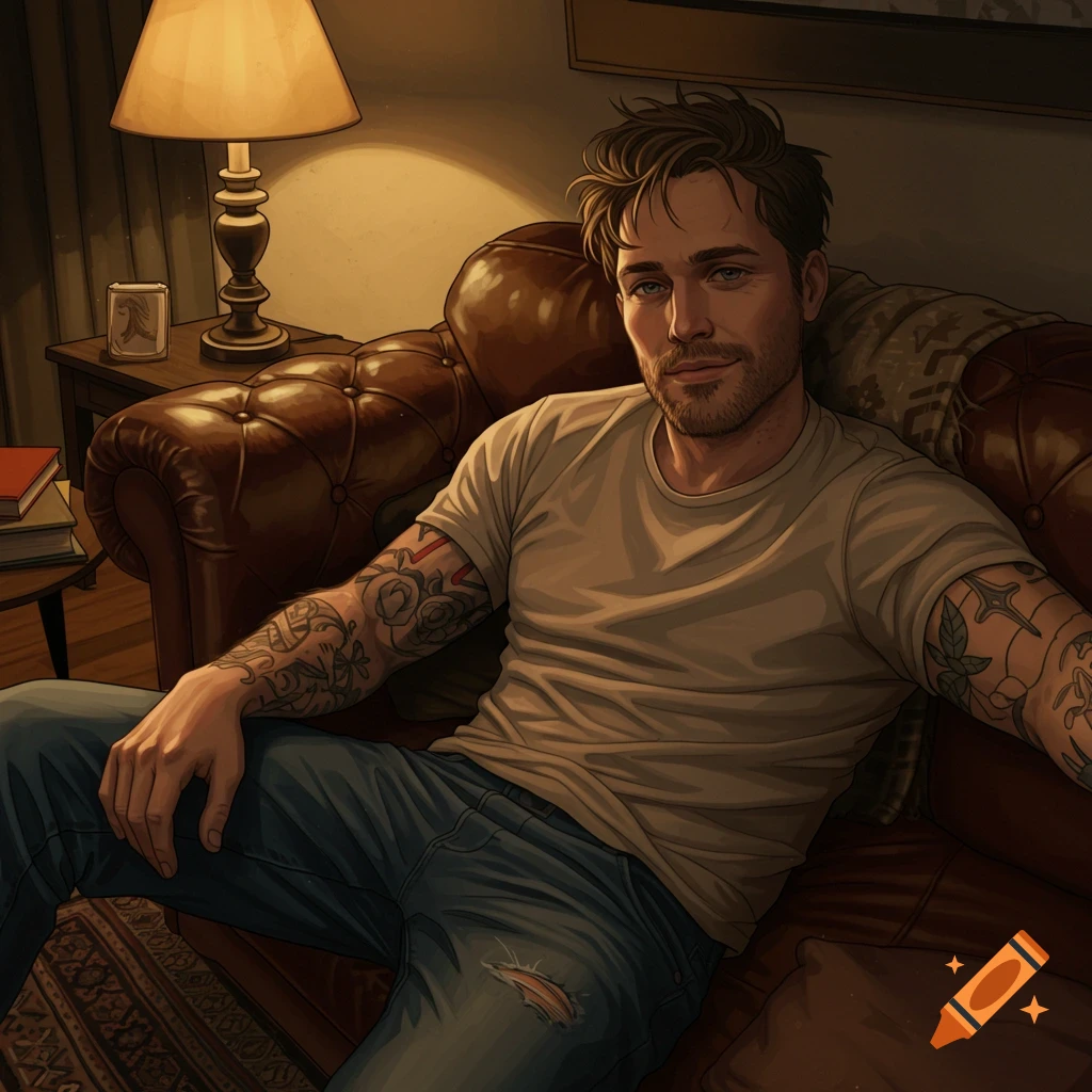 A man with facial hair and tattoos sits casually on a brown leather couch in a dimly lit room, looking towards the viewer.