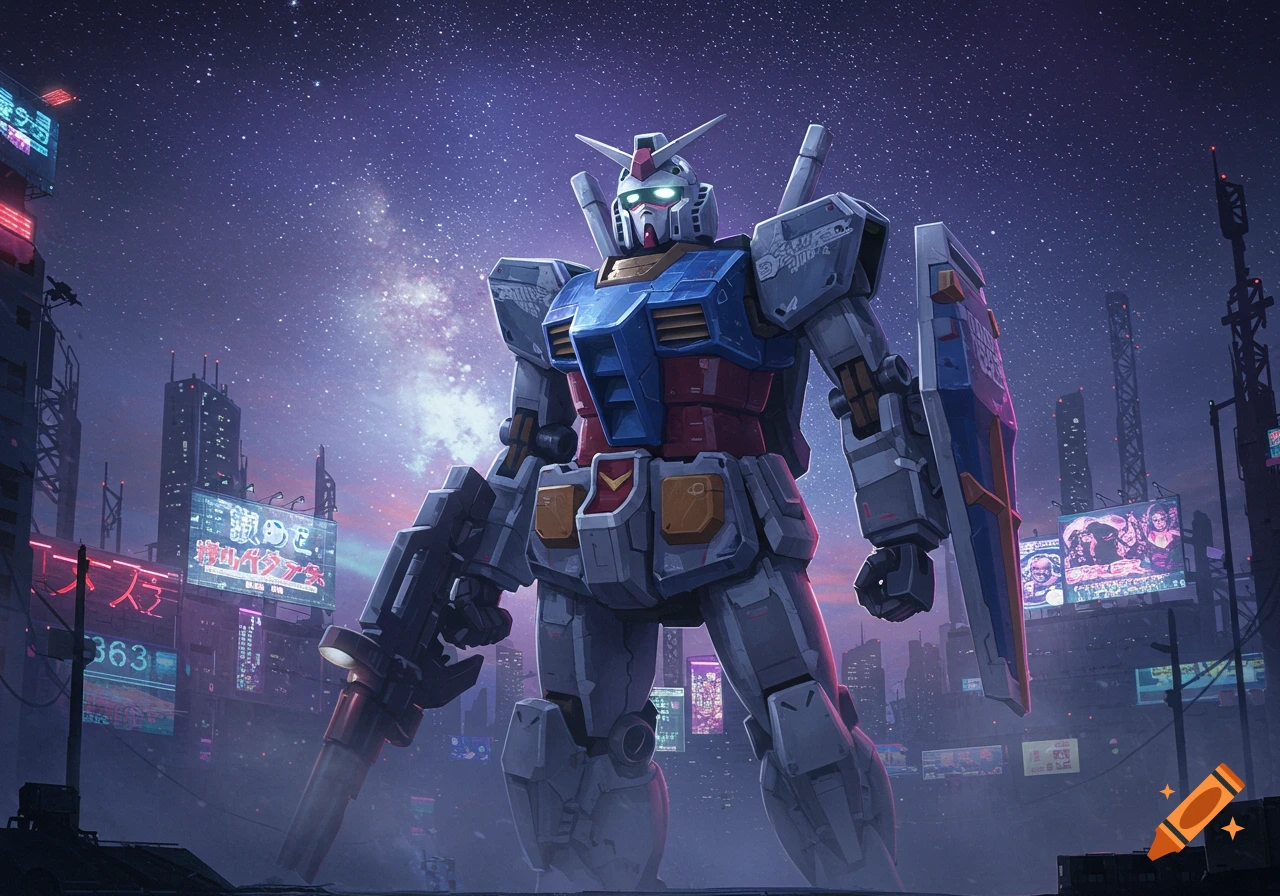 A large Gundam robot stands prominently in a futuristic, neon-lit city at night under a starry sky.