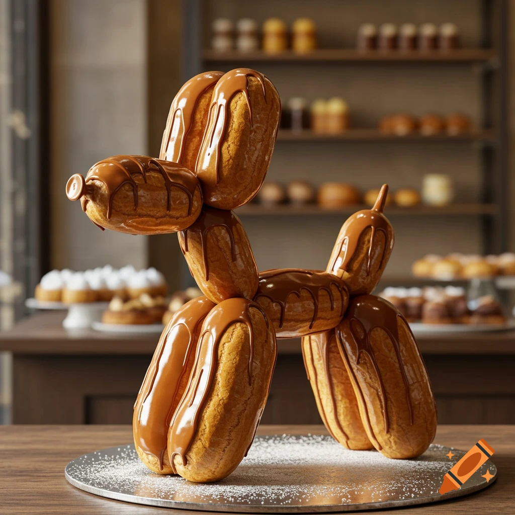 Photorealistic image of a balloon dog artfully constructed from eclairs with chocolate sauce, on a silver platter in a bakery.
