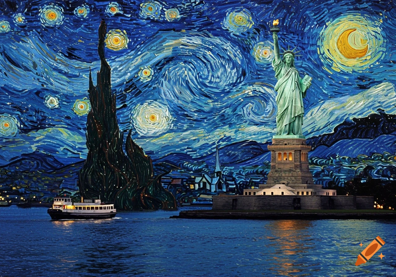 Statue of Liberty and a ferry boat on water, with a stylized Van Gogh Starry Night sky and background cityscape.