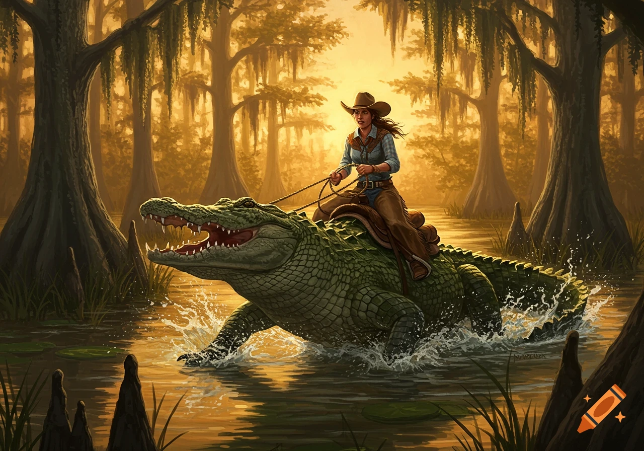 A cowgirl in a swamp rides a large, open-mouthed alligator like a horse, with cypress trees and golden light in the background.