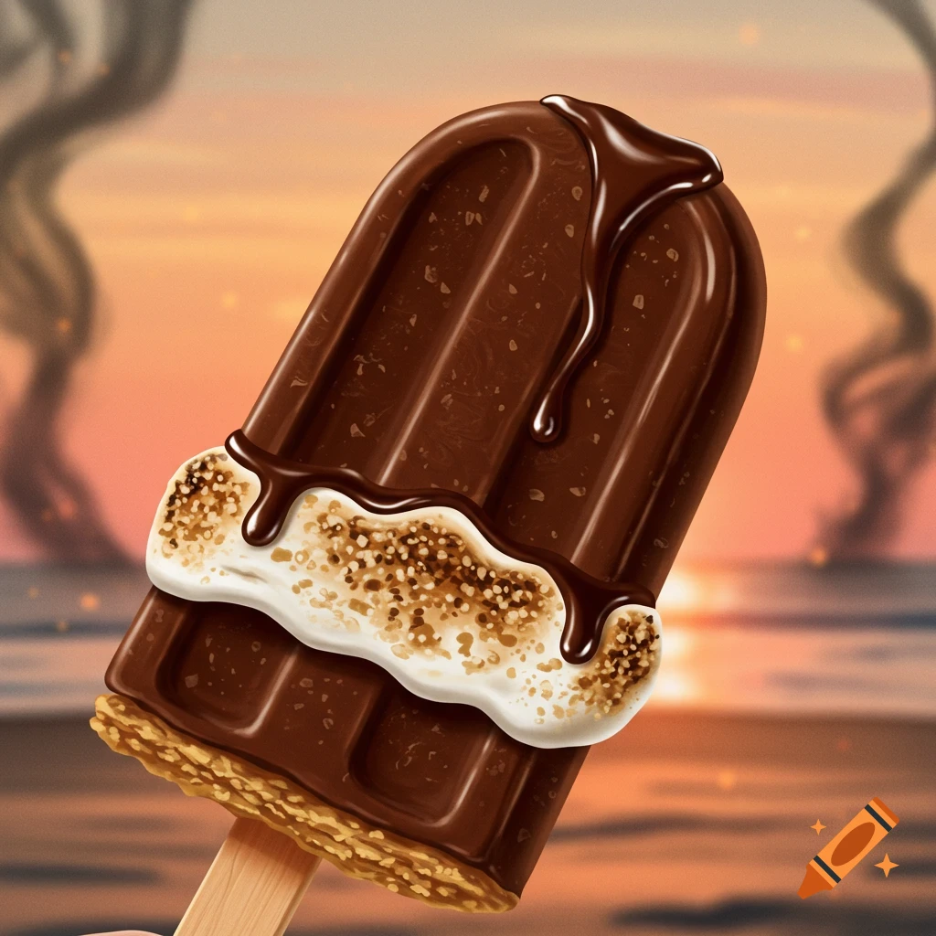 A photorealistic s'mores popsicle with chocolate drizzle and a blurry sunset background.