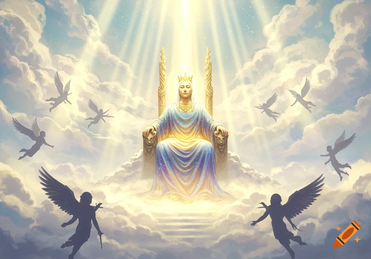 A divine figure with a crown and flowing robes sits on a golden throne among clouds, with rays of light shining down and winged angelic silhouettes flying around.