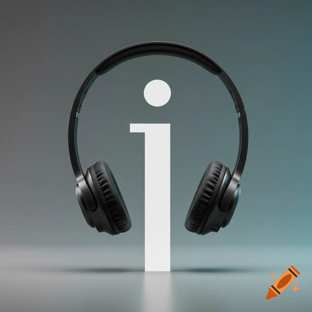 Black headphones encircling a white stylized letter 'I' on a grey gradient background.