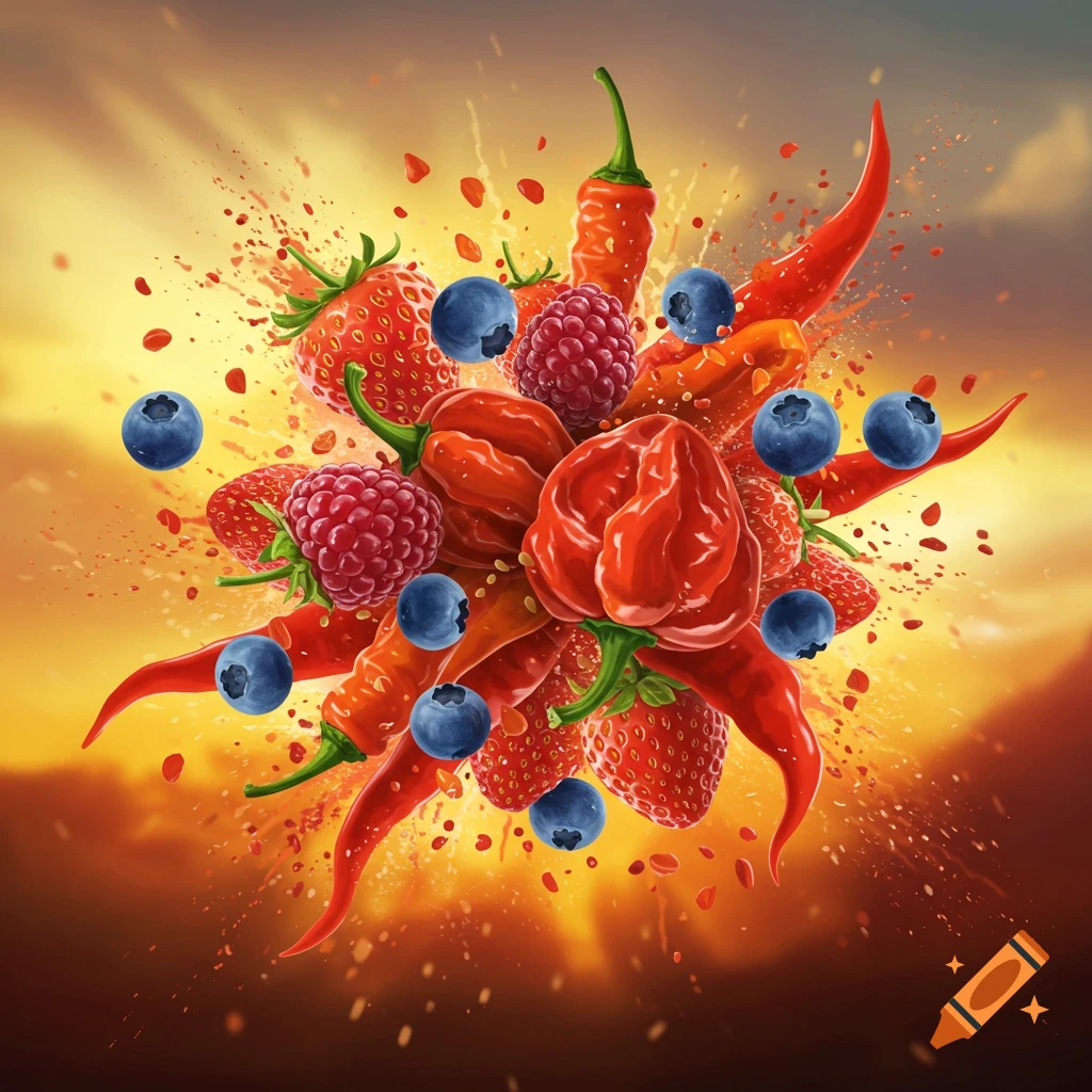 An explosion of red chili peppers, strawberries, and blueberries against a fiery orange and yellow background.