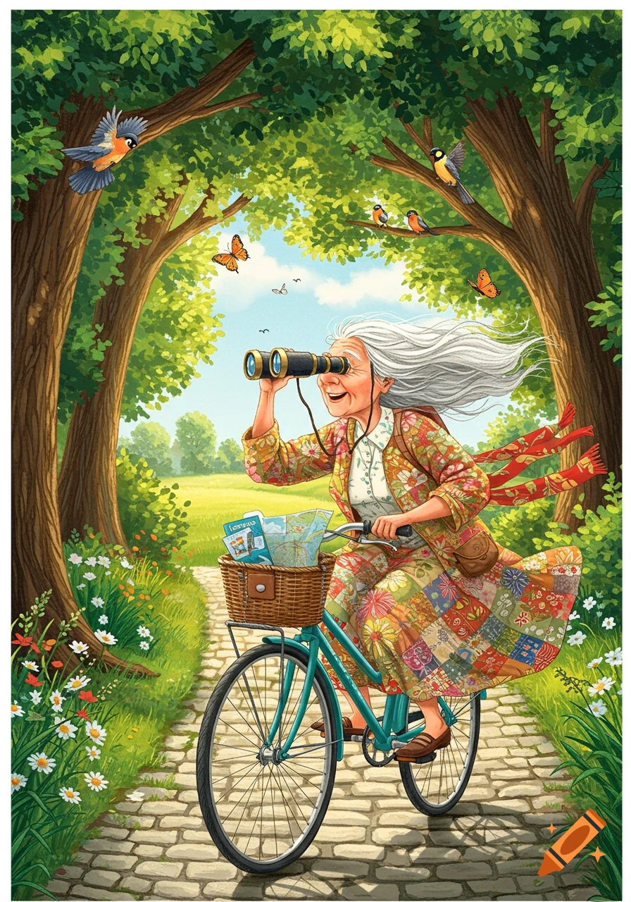 Vibrant illustration of an elderly woman with binoculars riding a bicycle on a forest path with birds and butterflies.