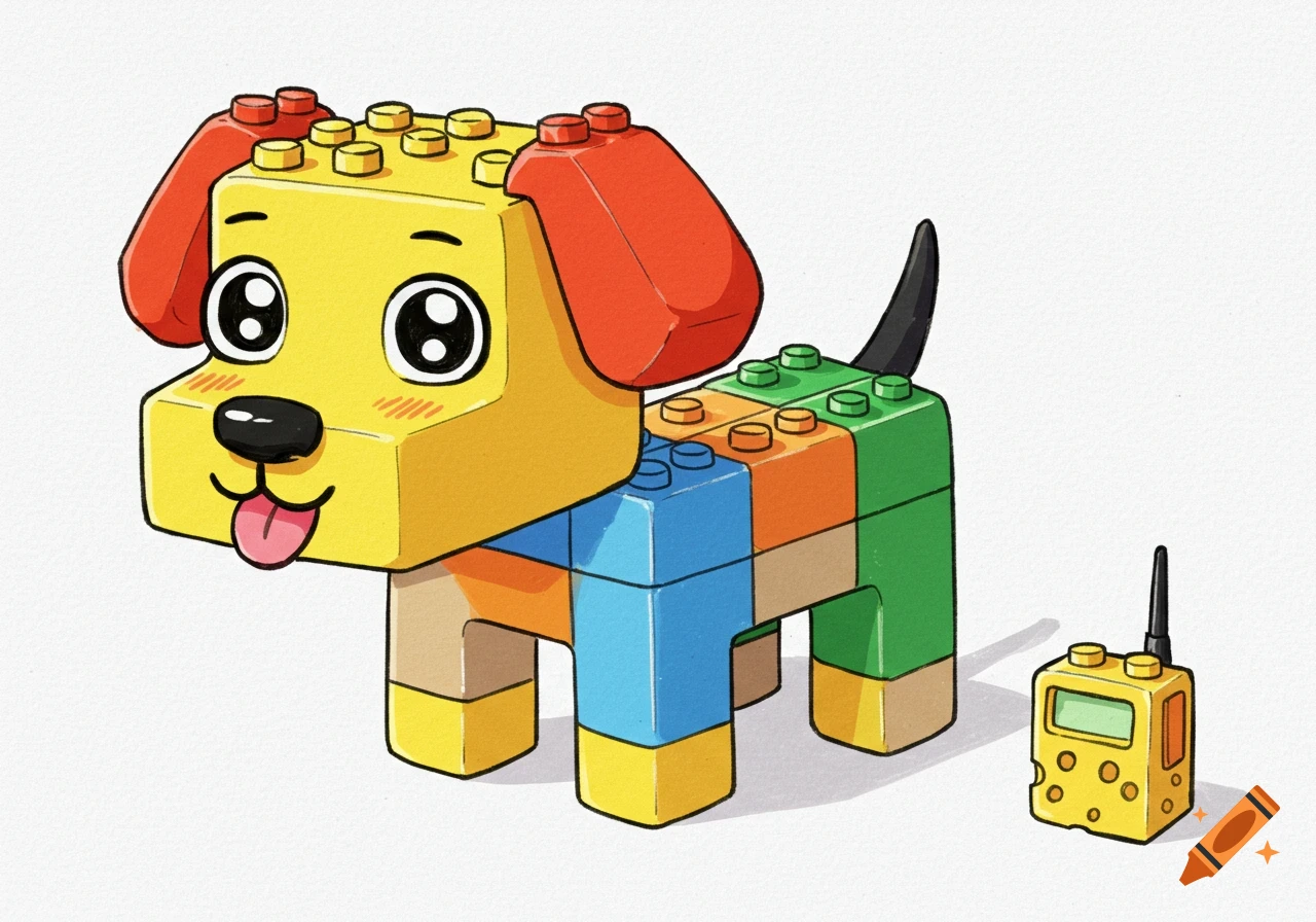 A cartoon dog made of colorful LEGO-like blocks with a yellow head and red ears, next to a cheese-block walkie-talkie, in a crayon drawing style.