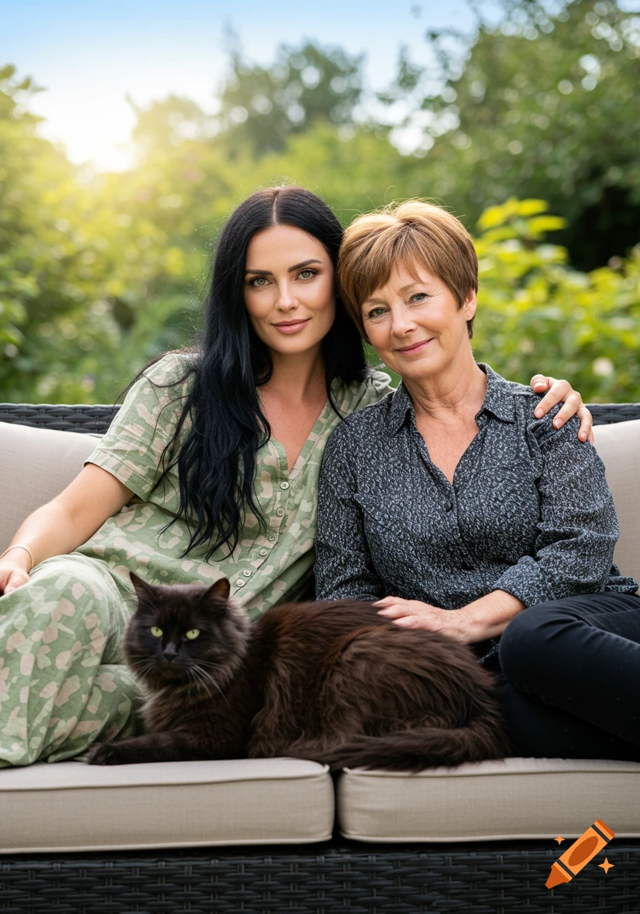 Two women and a fluffy black cat sitting on an outdoor couch in a sunny garden.