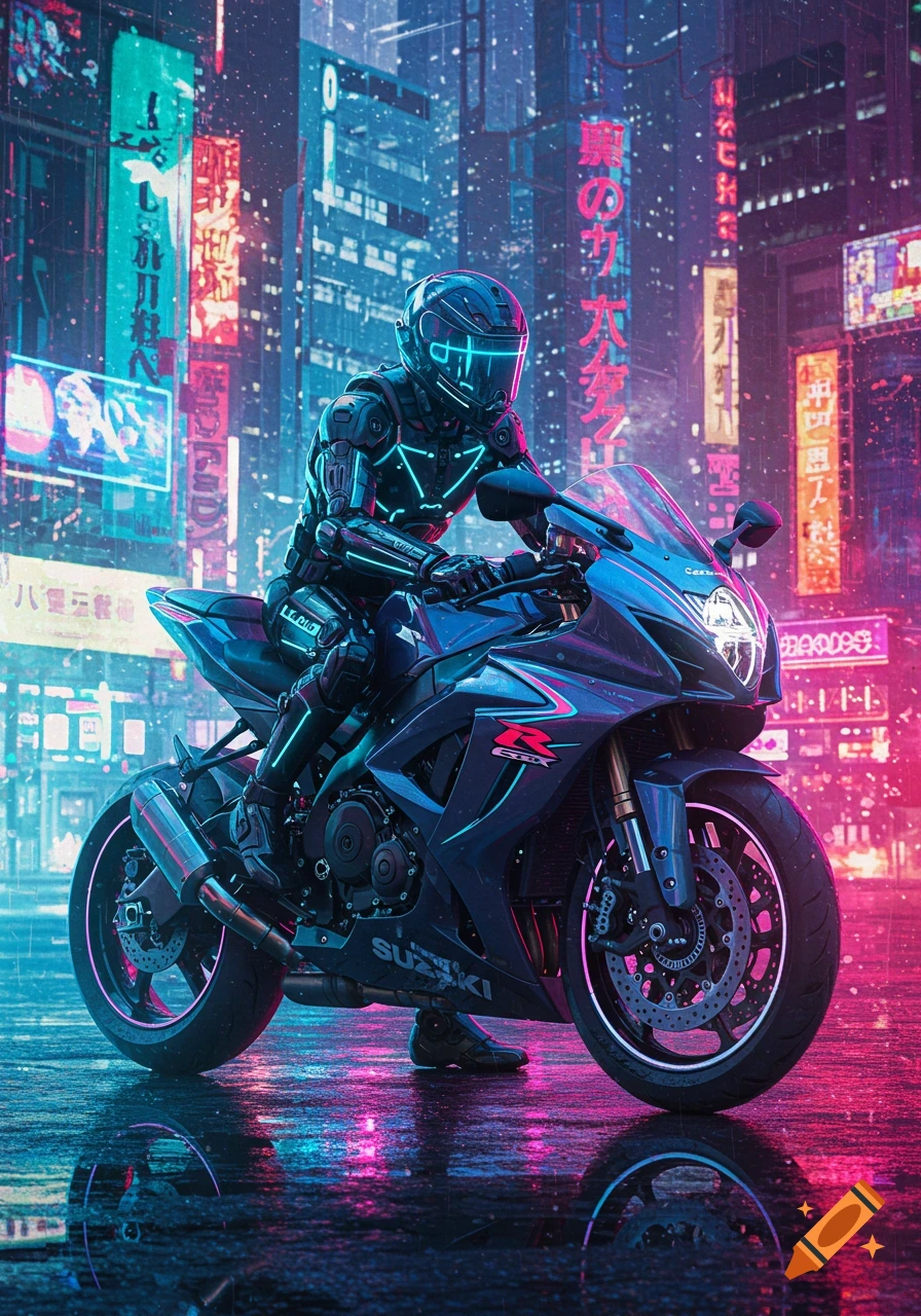 A person in a futuristic suit rides a blue sport motorcycle through a neon-lit, rainy cyberpunk city street at night.