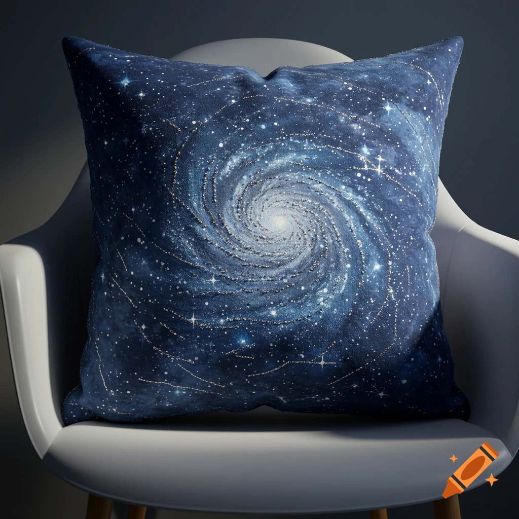 A dark blue pillow with a swirling galaxy design and sparkling stars resting on a light gray chair.