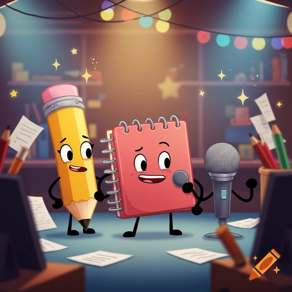 An anthropomorphic pencil and notepad character on a stage with a microphone and papers, cartoon style.