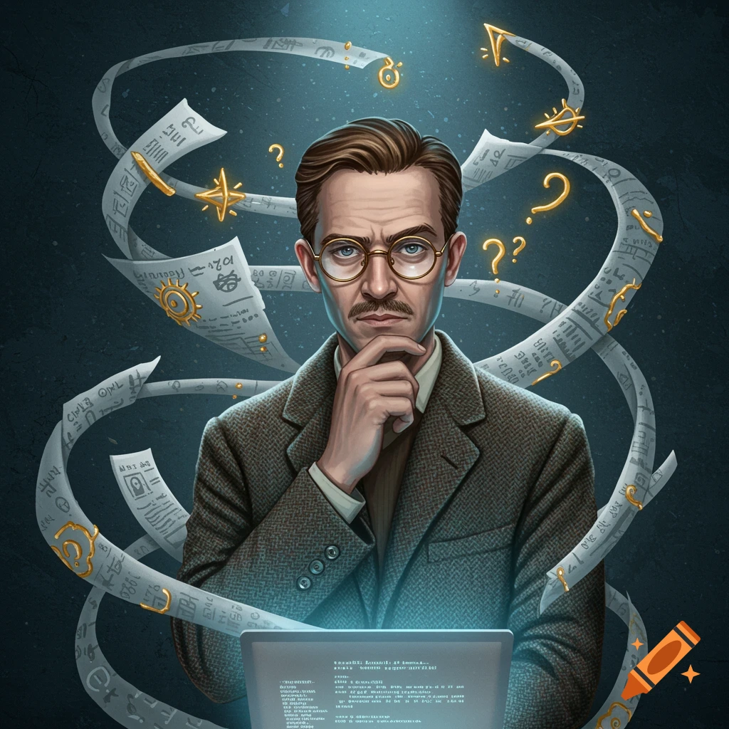 A man with glasses and a mustache, chin resting on his hand, looks intently. Papers with symbols and illegible text float around him; a glowing laptop is in the foreground.