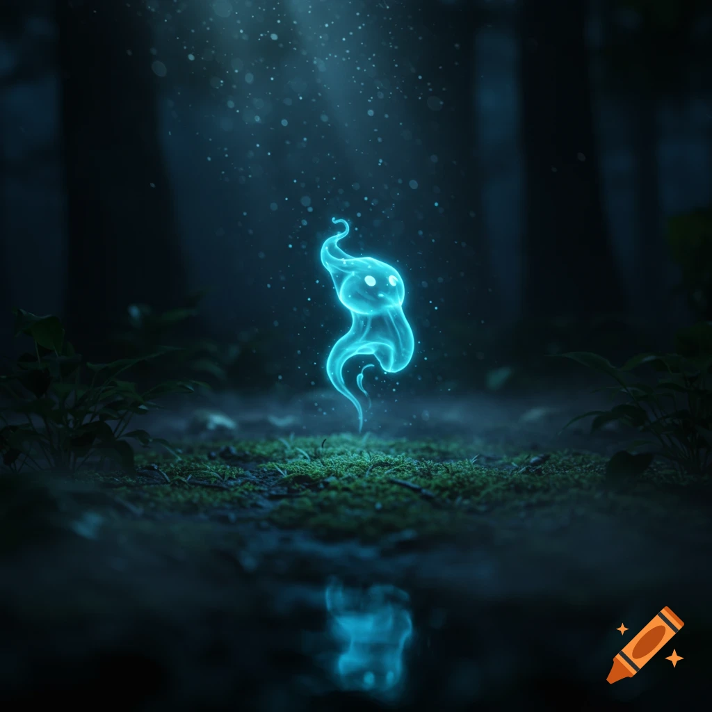 A glowing blue, ghost-like will-o'-the-wisp floats in a dark, mossy forest under a light beam, with its reflection in a puddle.