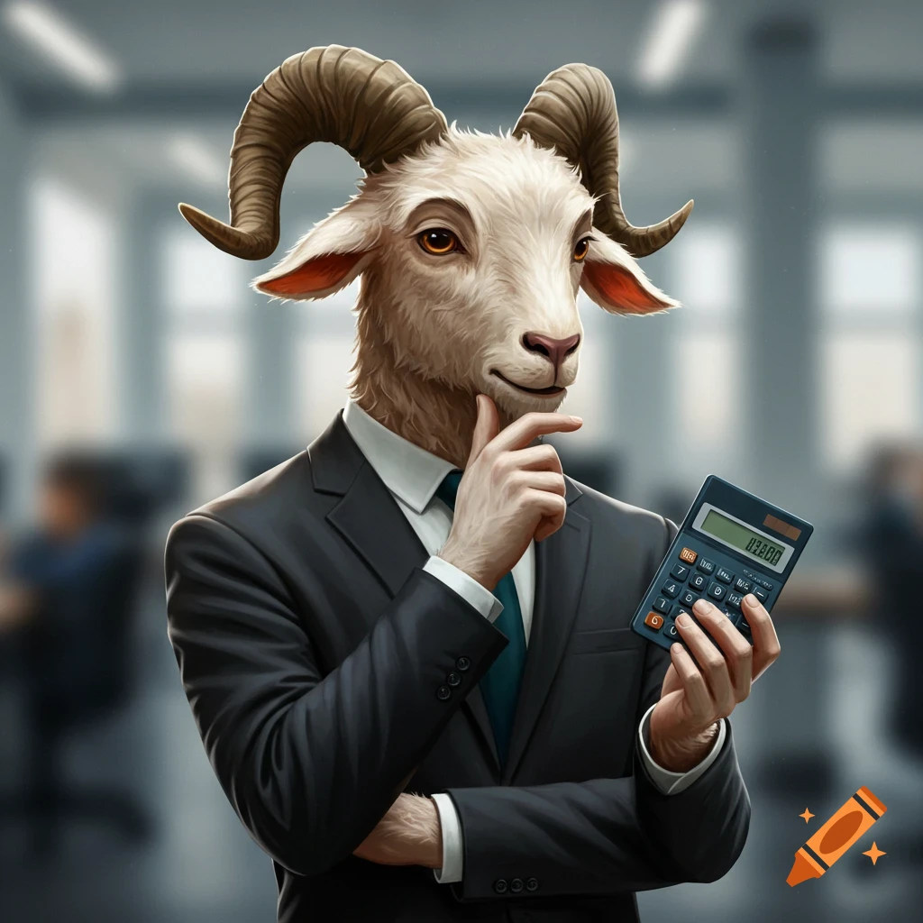 A thoughtful anthropomorphic goat in a suit holds a calculator in an office setting. AI art.