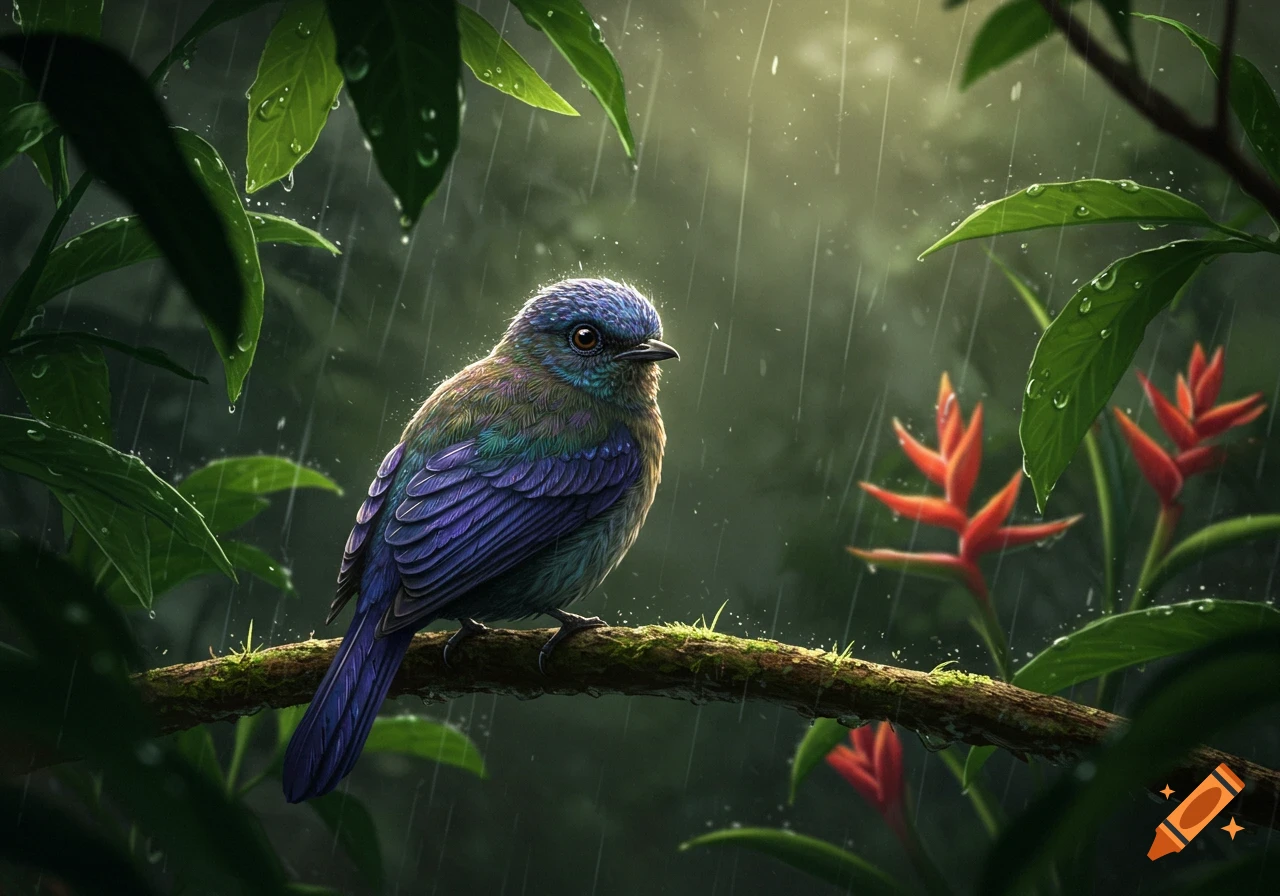 Small blue and purple bird perched on a mossy branch in a rainy, lush jungle with green leaves and red flowers.