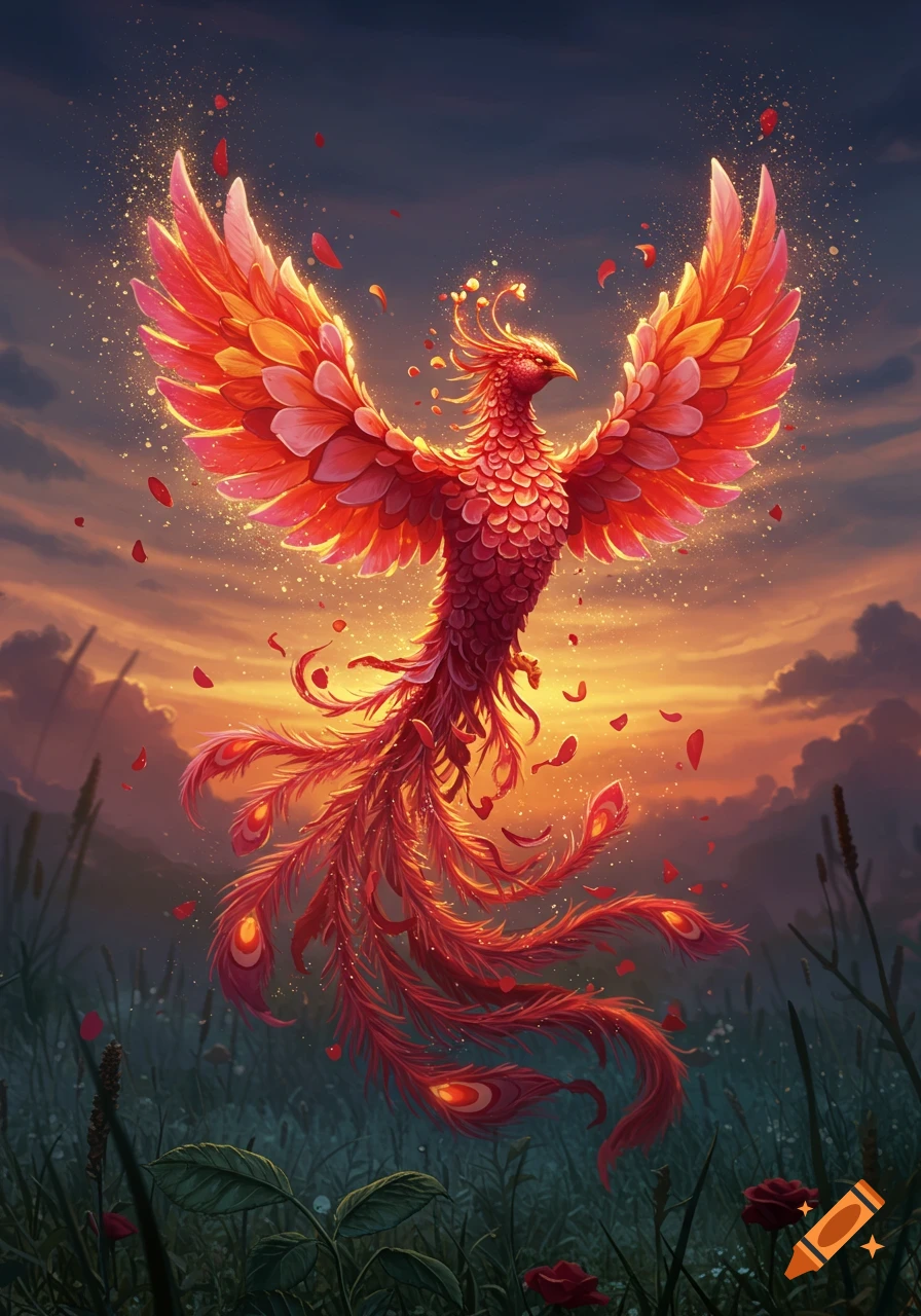 A vibrant red and orange phoenix with wings spread, rising from a grassy field with rose petals at sunset in a digital art style.