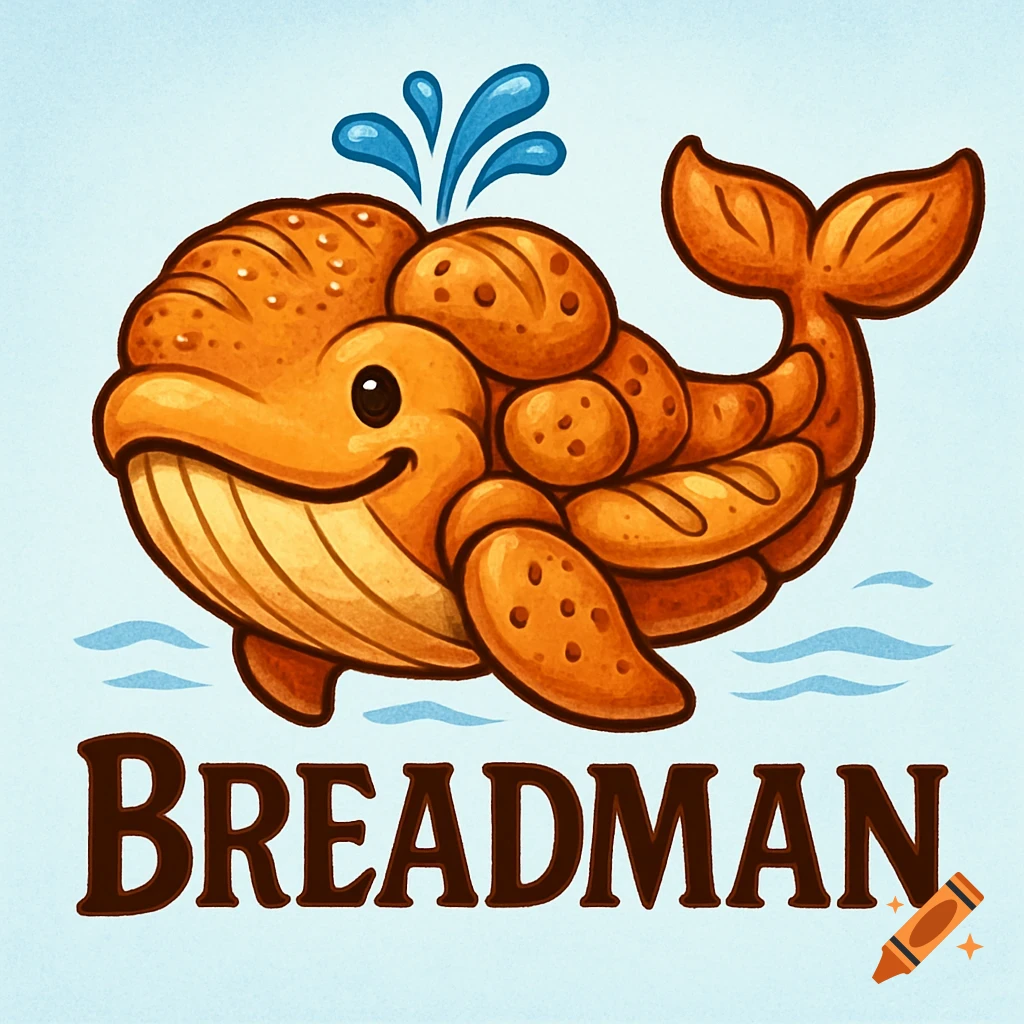 Cartoon whale made of bread with a smile, spewing water, above the 'BREADMAN' logo on a light blue background.