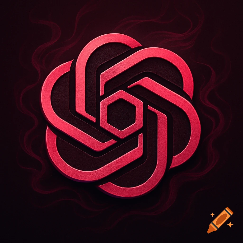 A stylized dark maroon and black abstract logo, resembling the ChatGPT emblem, against a smoky dark background.
