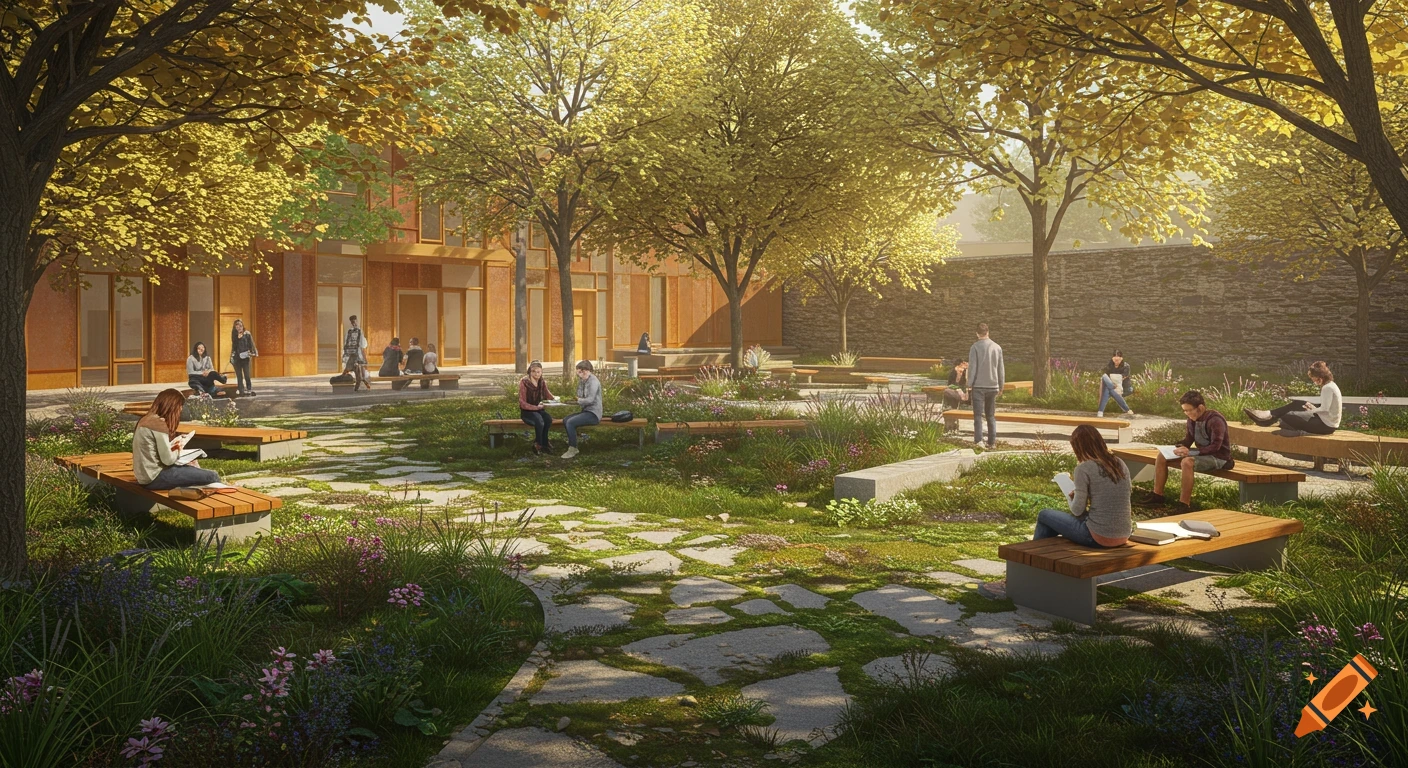 An eye-level shot of a sunlit college plaza with students studying and relaxing on benches under golden-leaved trees. Mossy pavers crisscross the grassy area.