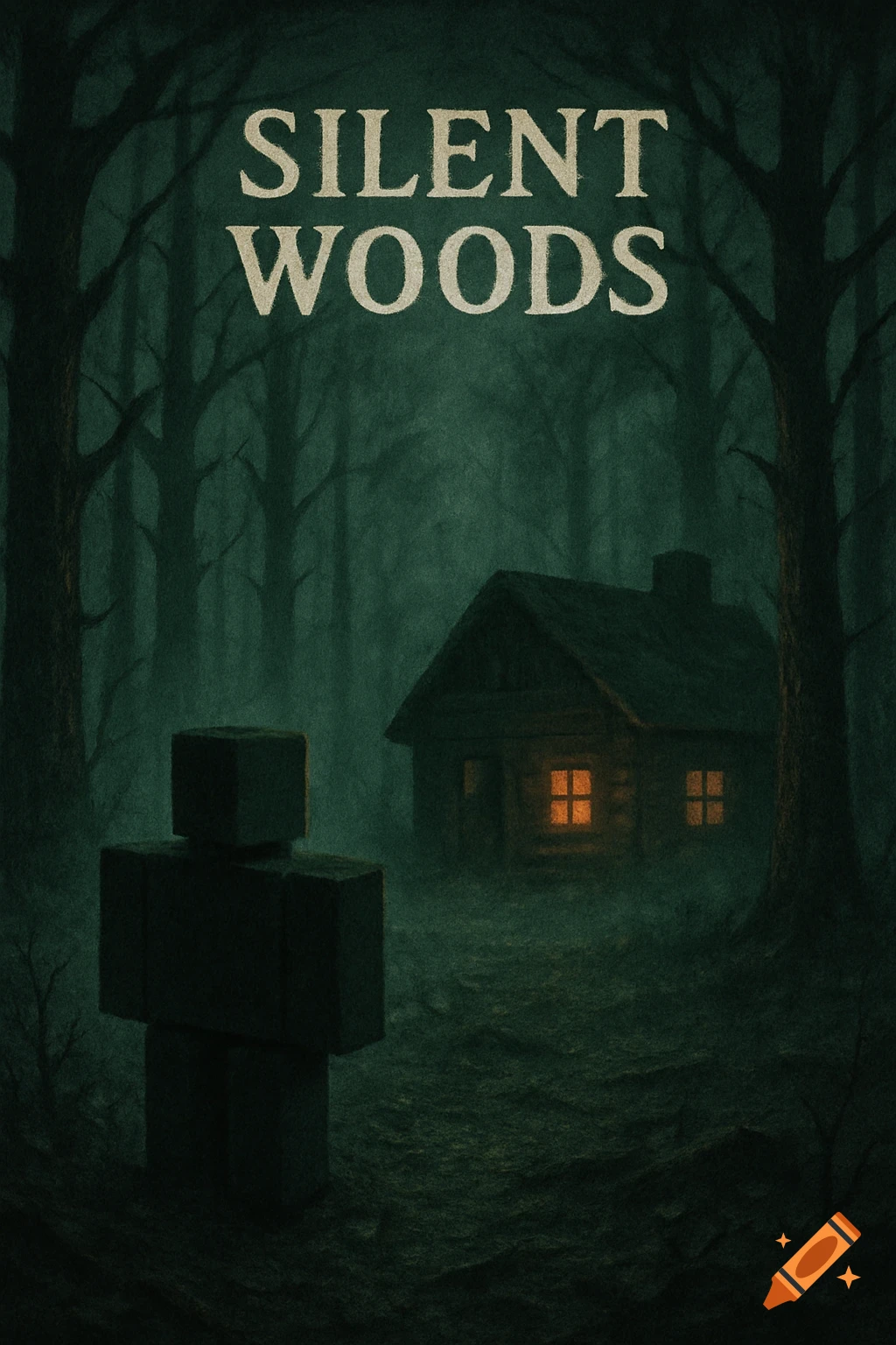 A dark, eerie forest scene with a blocky figure, a log cabin with glowing windows, and "SILENT WOODS" text.