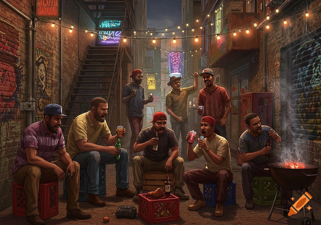 A group of men share drinks and grill food in a lively urban alleyway lit by string lights and neon signs, in a stylized illustration.