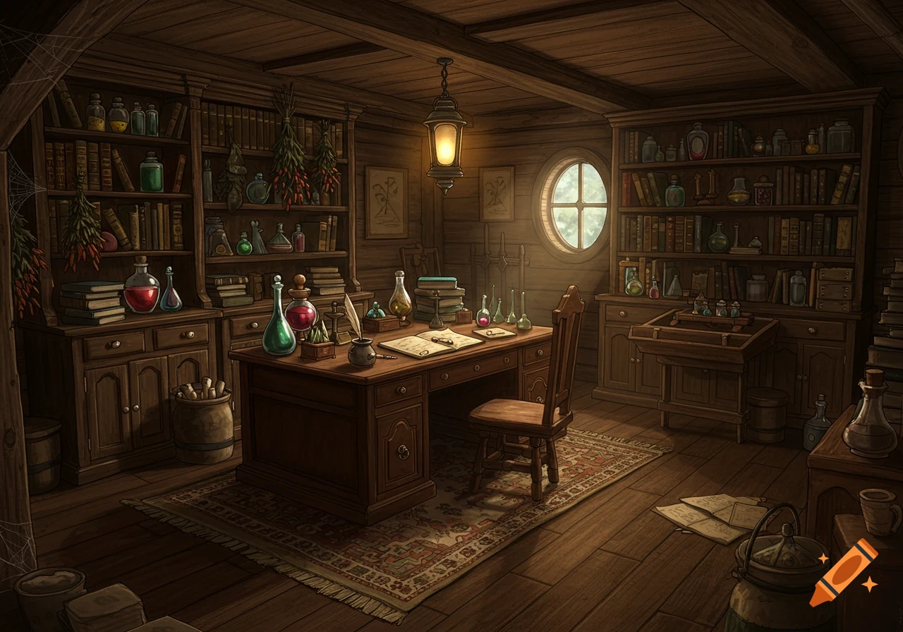 A cozy, old-fashioned study with wooden walls and ceiling, filled with bookshelves, jars, and bottles. A desk with an open book and quill sits in the center, lit by a hanging lantern and an oval window.