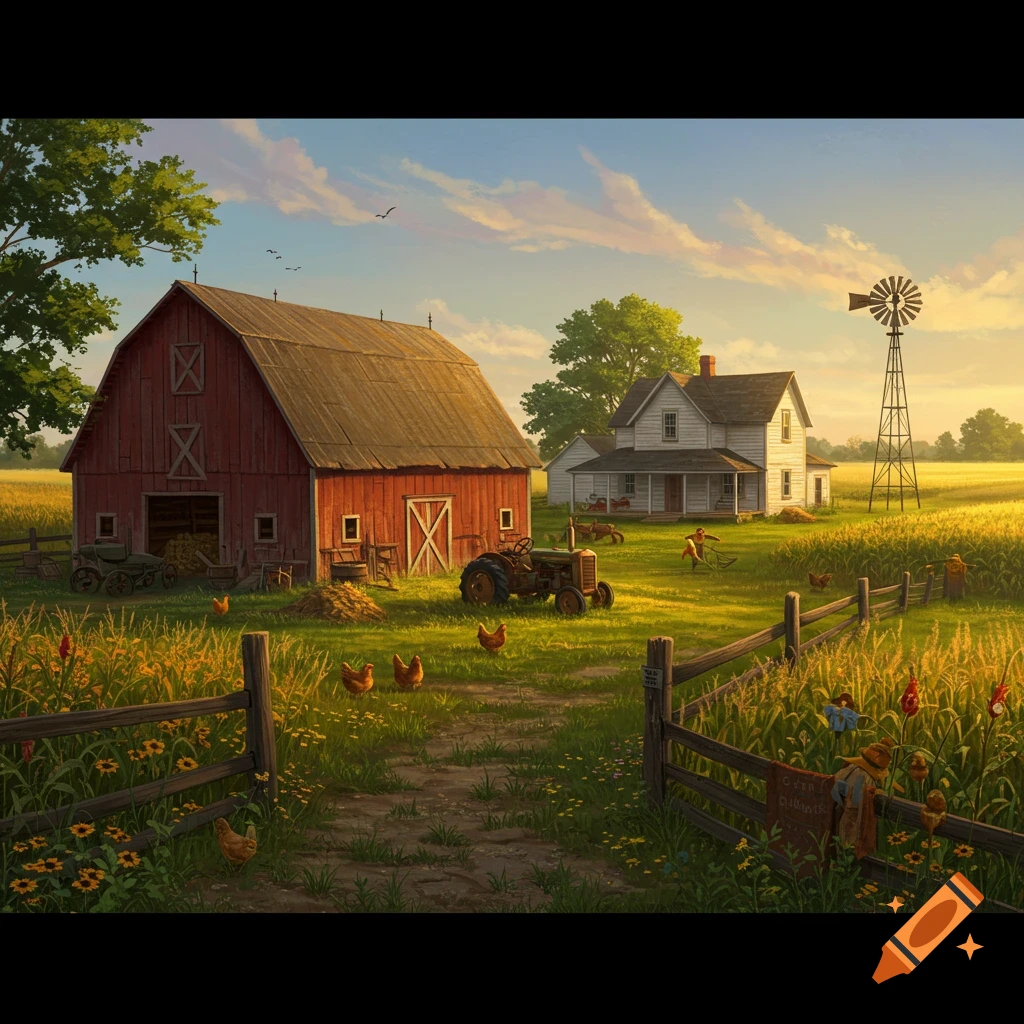 A picturesque painting of a sprawling farm with a red barn, white farmhouse, and windmill under a golden sky.