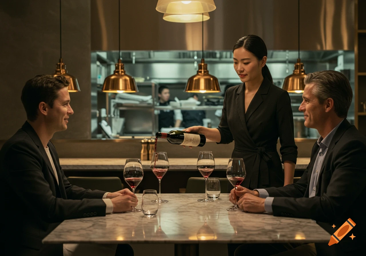 A woman pours red wine for two male guests at a table in a modern fine dining restaurant.