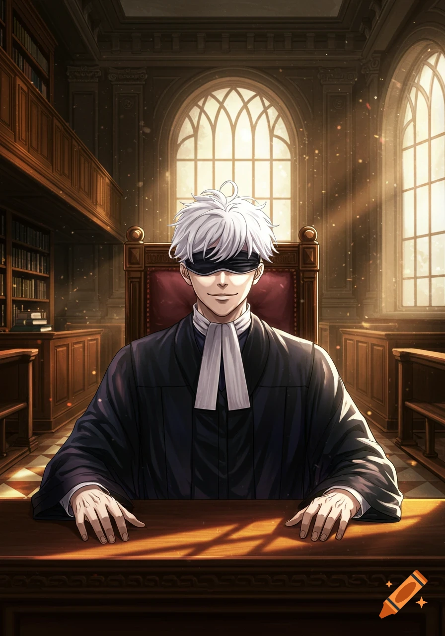 An anime character, Satoru Gojo, with white hair and a black blindfold, sits at a wooden bench in a grand courtroom while dressed as a judge.