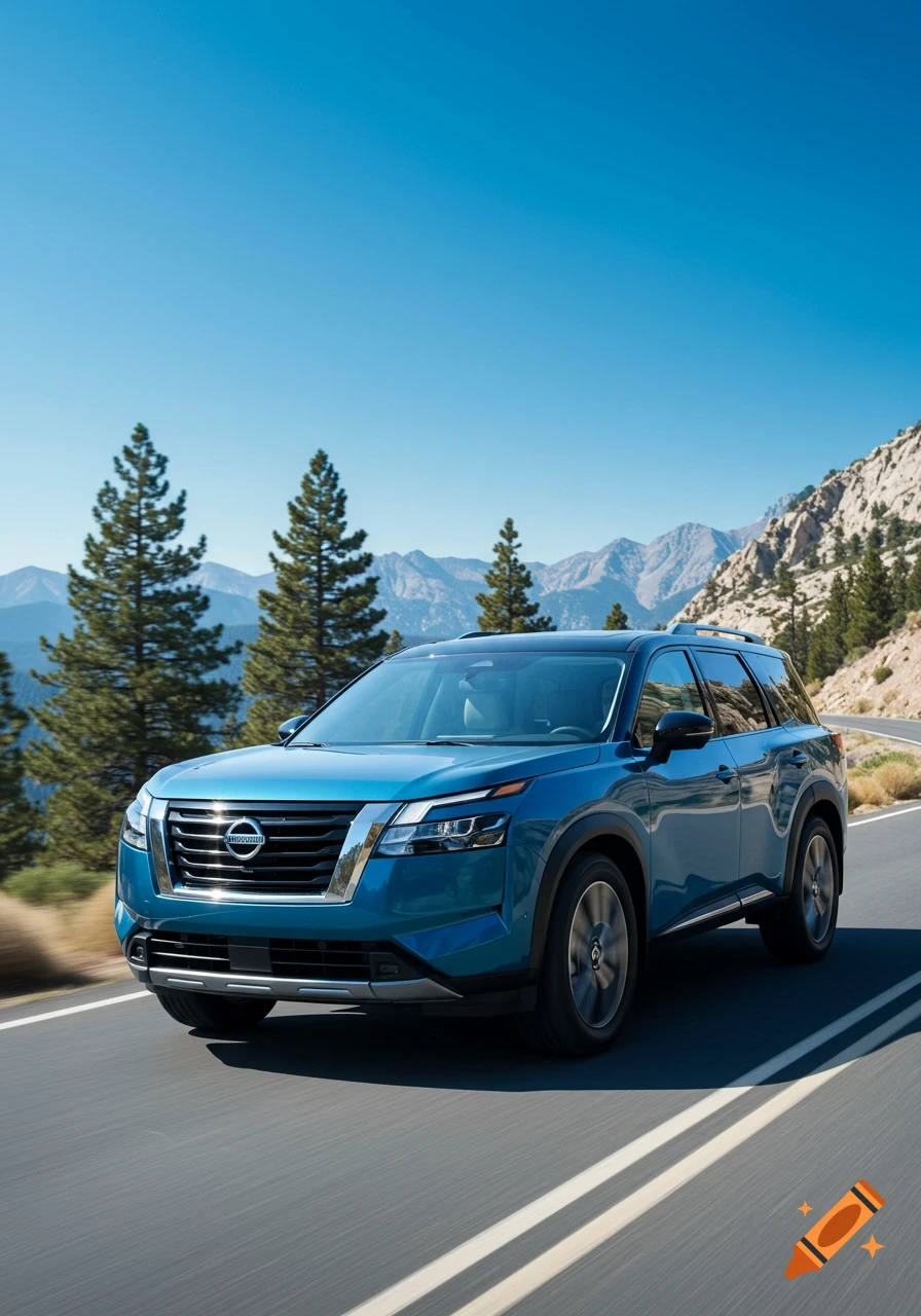 A blue Nissan Pathfinder SUV drives on a winding road through a mountainous landscape under a clear blue sky.