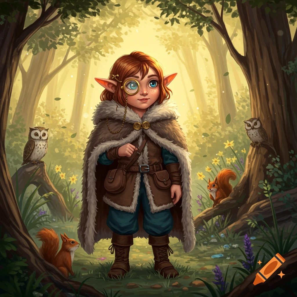A charming halfling girl wearing a fur cloak and monocle stands in an enchanted forest with owls and squirrels.
