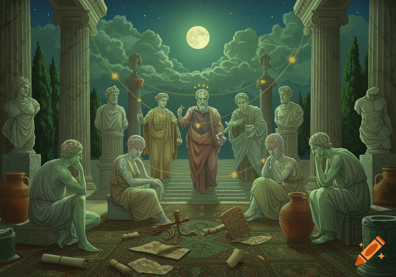 A group of ancient Greek philosophers or scholars gather under a full moon in a classical temple setting, discussing scrolls and tablets.
