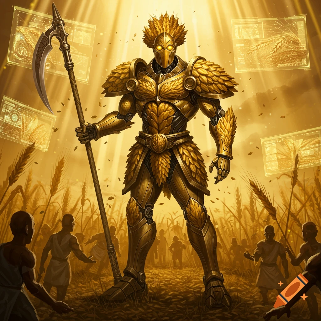A towering golden armored figure with wheat features holding a scythe stands in a sunlit wheat field with people below.