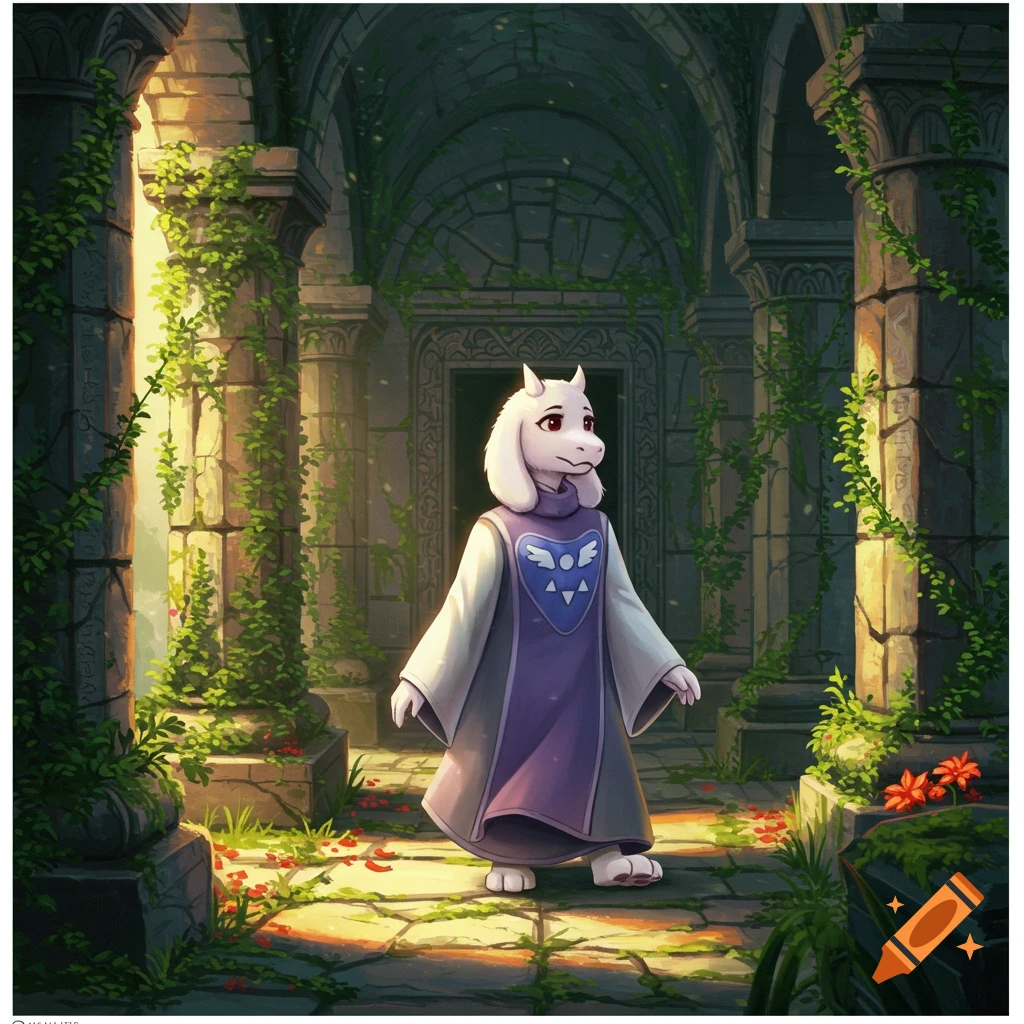 A white goat-like monster in a purple robe stands in overgrown stone ruins with sunlight streaming in.