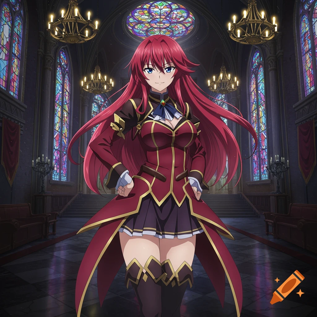 Anime character with long red hair and a maroon outfit standing in a grand cathedral with stained glass windows.