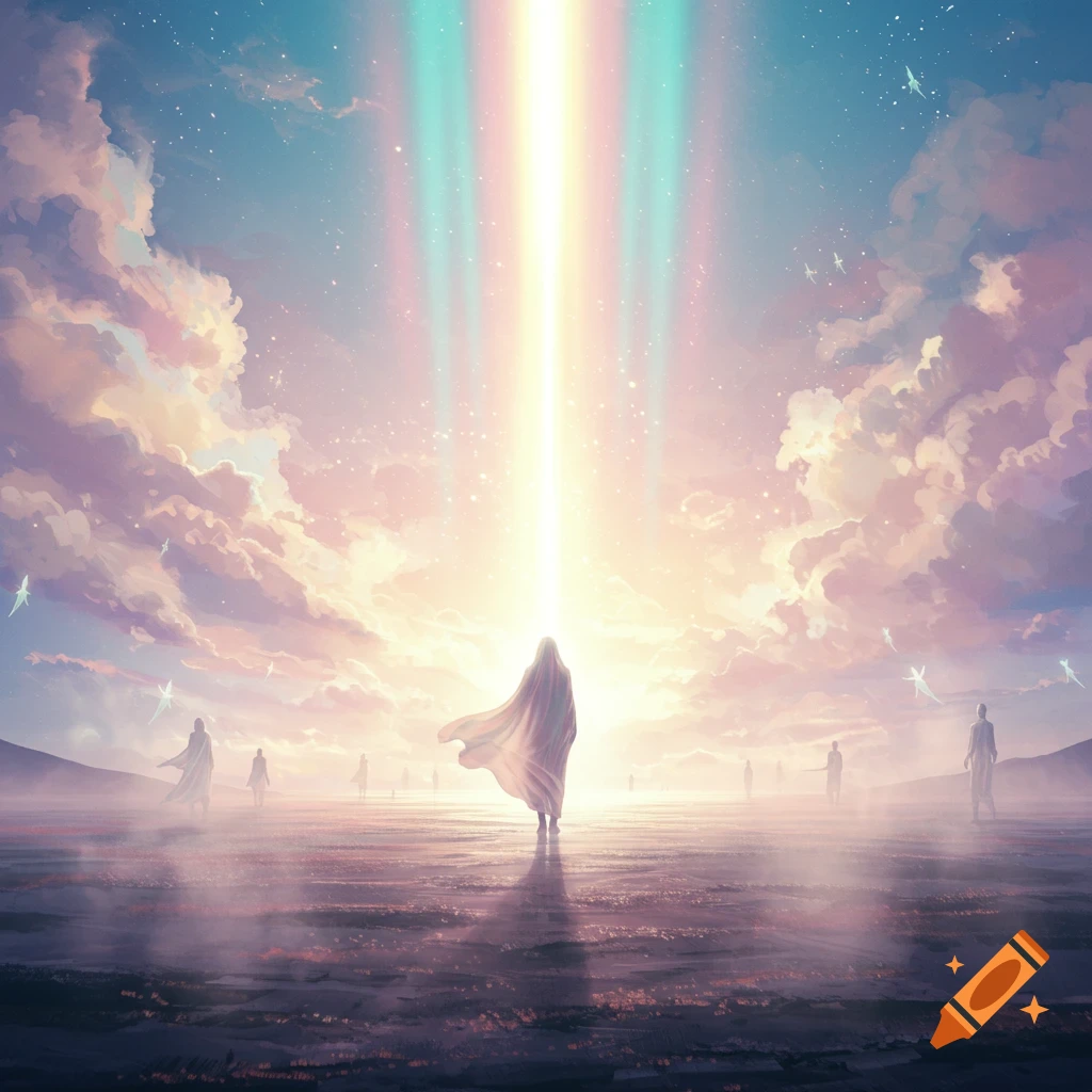 A robed figure stands in a vast, misty landscape under a pastel sky, bathed in a brilliant column of light, with other faint figures in the distance.