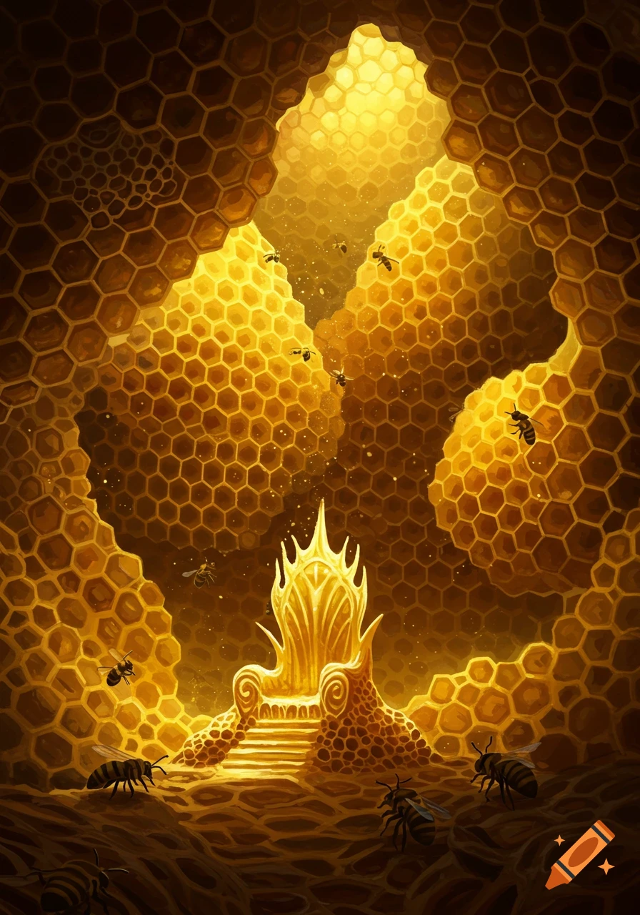 A golden throne in a fantastical beehive cavern, surrounded by glowing honeycombs and flying bees.
