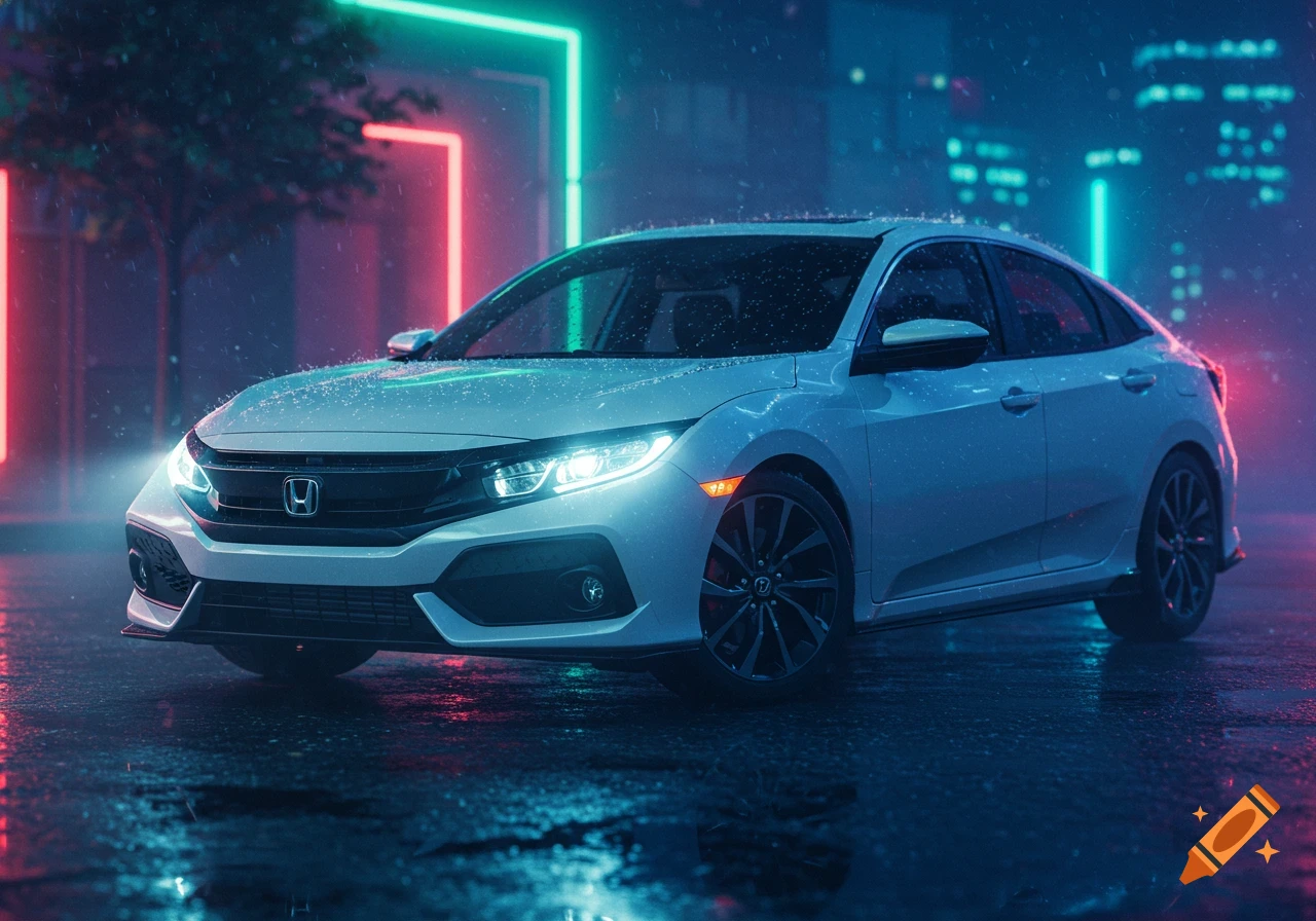 A white Honda Civic parked on a wet street at night, illuminated by bright headlights and neon lights from buildings, with rain falling.