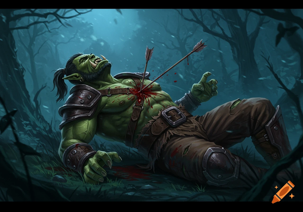 A green-skinned orc lies on the ground in a dark forest, two arrows piercing its chest with blood around the wounds, in a fantasy art style.