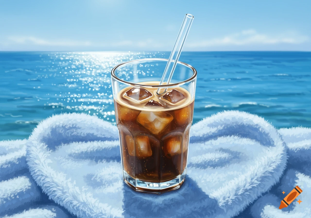 A glass of iced coffee with a straw on a blue fluffy cloth, set against a sparkling blue ocean background.
