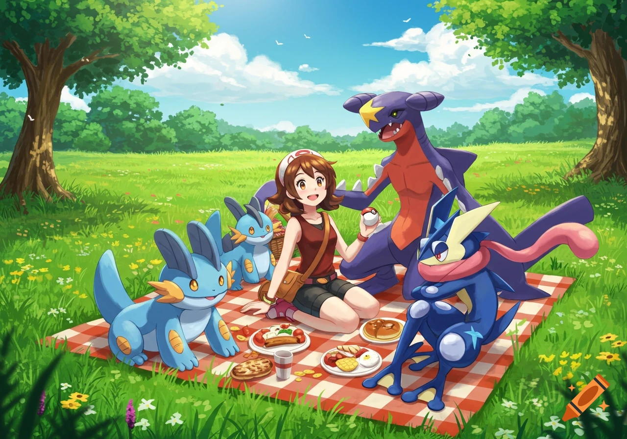 A smiling female Pokémon trainer has a picnic with Garchomp, Greninja, and two blue aquatic Pokémon in a grassy field.