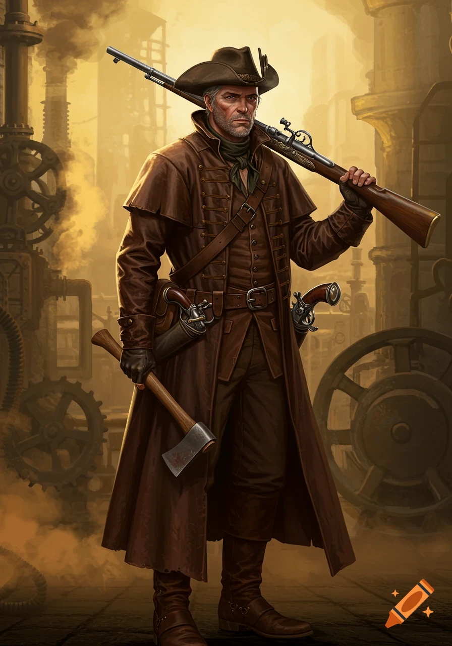 A rugged man in a leather duster, holding a long rifle and an axe, stands in a steamy, industrial steampunk setting.