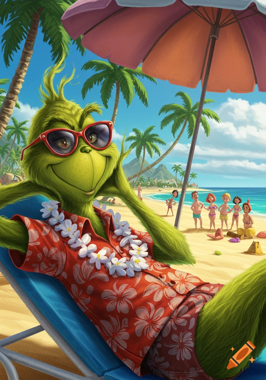 The Grinch relaxing on a beach chair, wearing sunglasses and a Hawaiian shirt, with palm trees and beachgoers in the background.