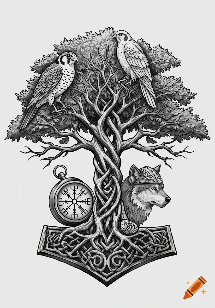 Black and white tattoo sketch of a Tree of Life with two falcons, a wolf in a Viking helmet, Thor's hammer, and a runic compass.
