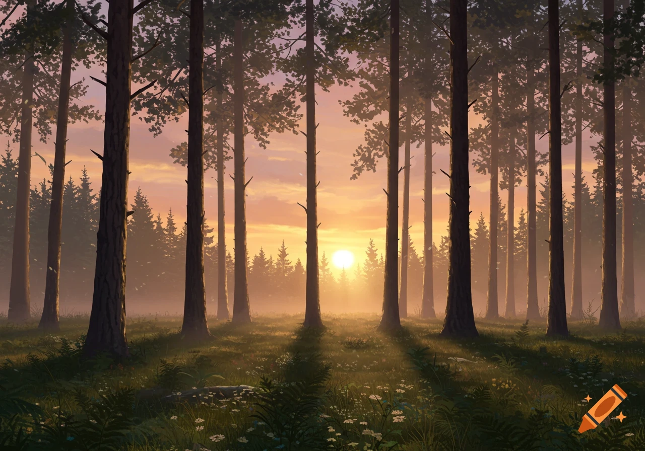 A serene pine forest with tall trees during sunset, with sunlight filtering through the mist.