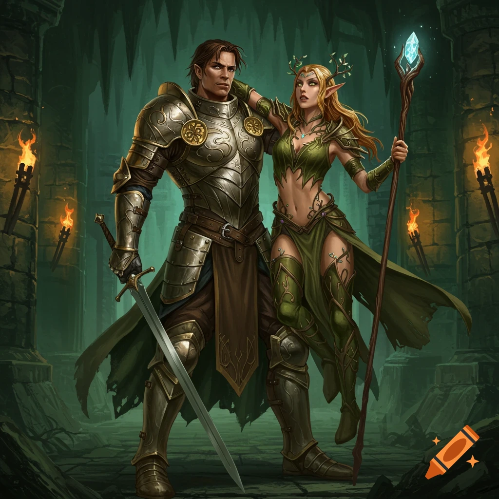 A male knight in gold armor stands with a female elf in green attire holding a staff in a dimly lit dungeon.